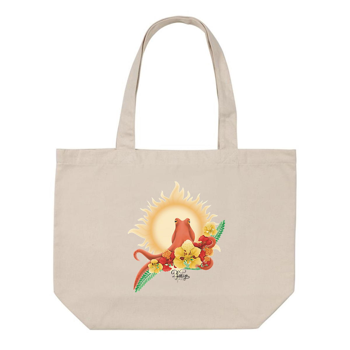 Image front Grand Tote bag - savoir du poulpe , fleur de flamboyant rouge et jaune 