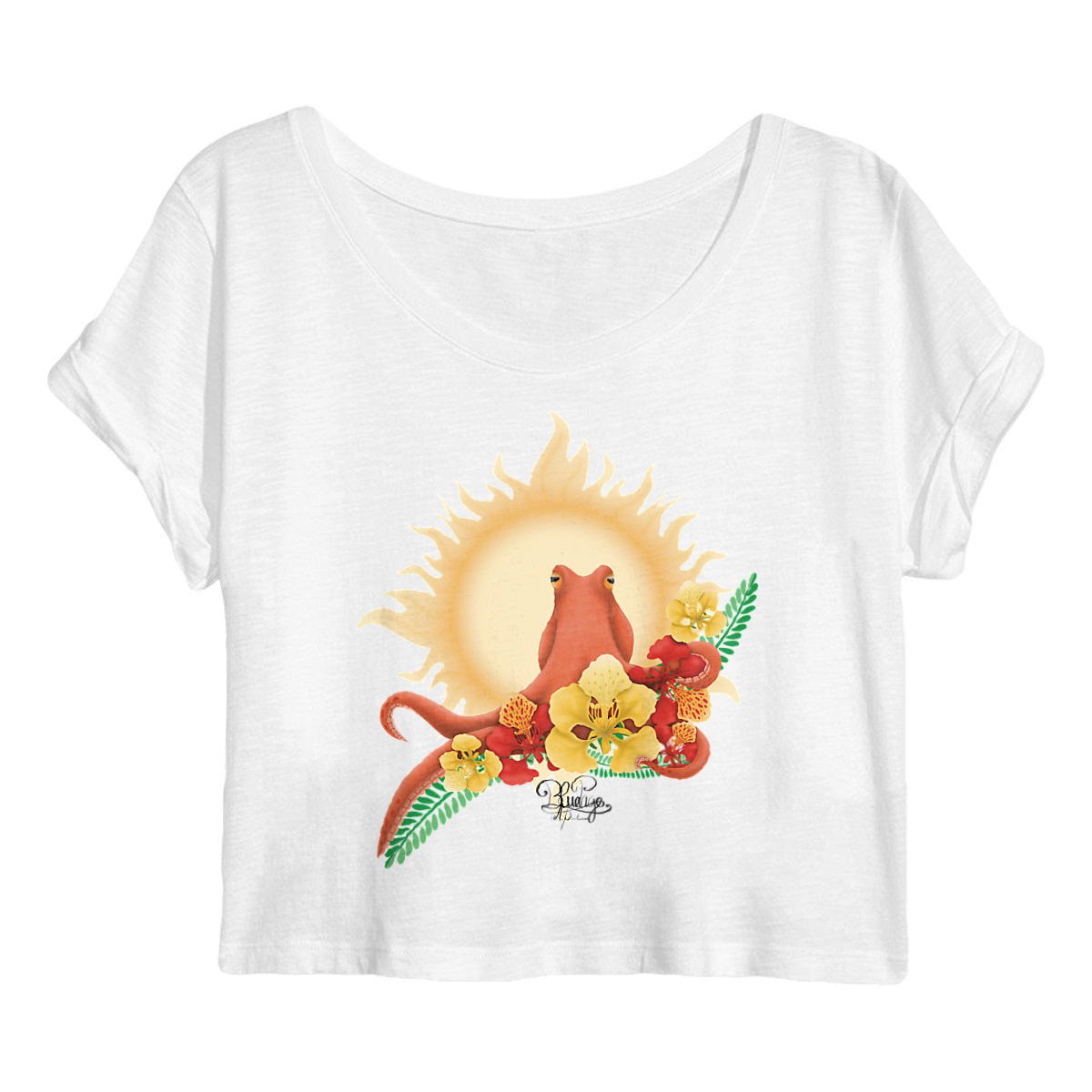 Image front Crop top- savoir du poulpe fleur de flamboyant rouge et jaune 