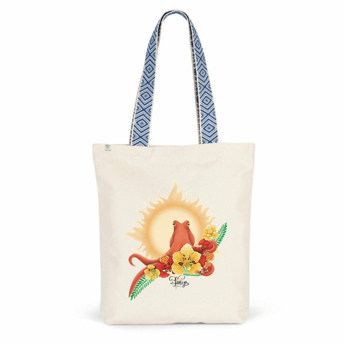 Image back Tote bag ethnique - savoir du poulpe, fleur de flamboyant rouge et jaune 