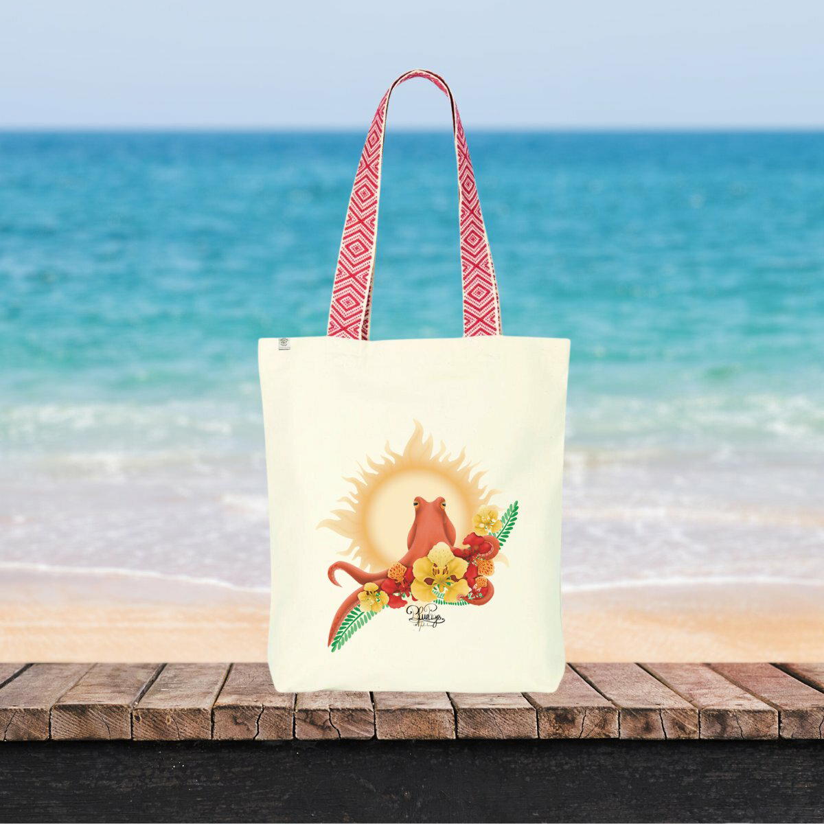 Image front Tote bag ethnique - savoir du poulpe, fleur de flamboyant rouge et jaune 