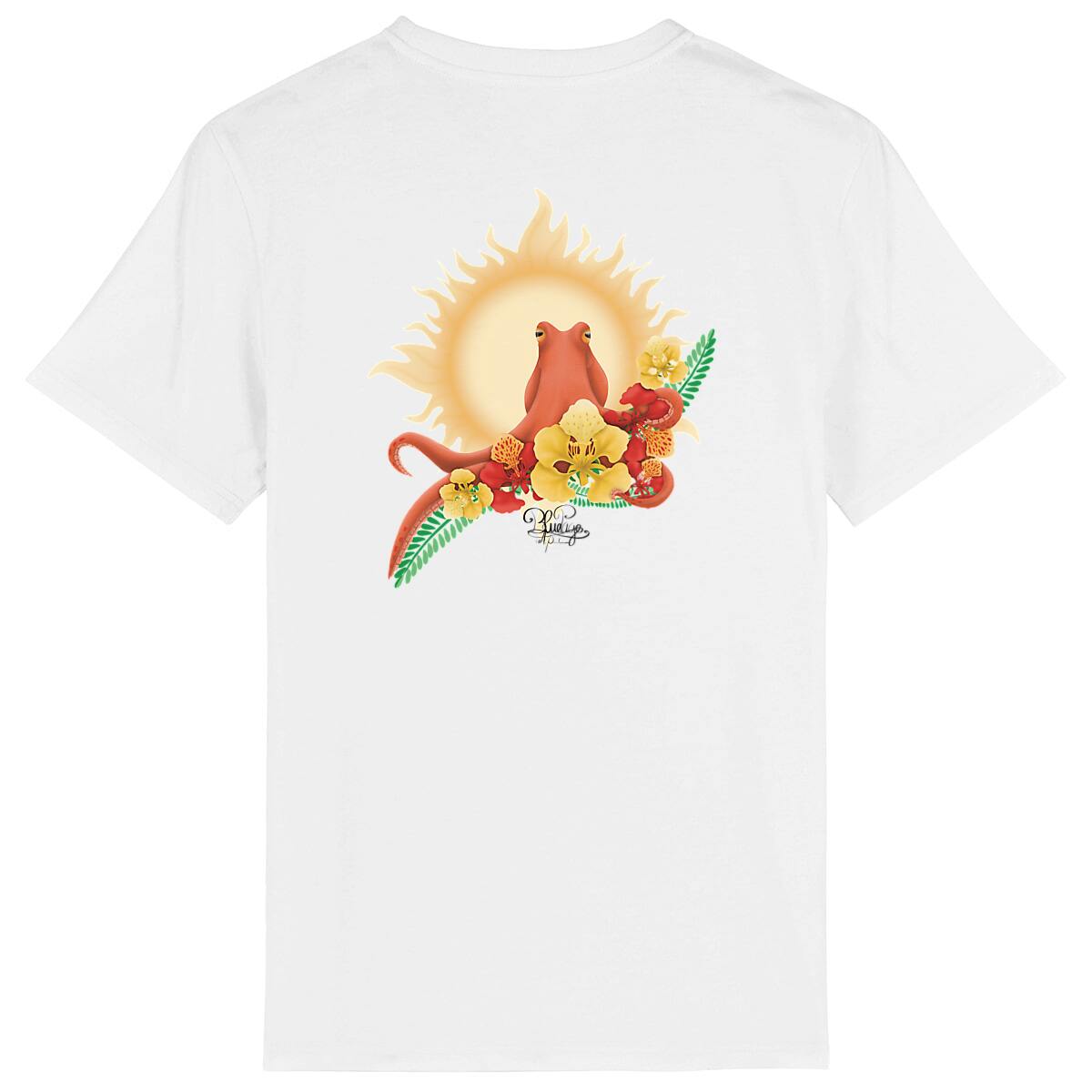 Image front T-shirt- savoir du poulpe, fleur de flamboyant rouge et jaune 