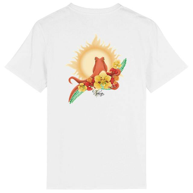 Image front T-shirt- savoir du poulpe, fleur de flamboyant rouge et jaune 