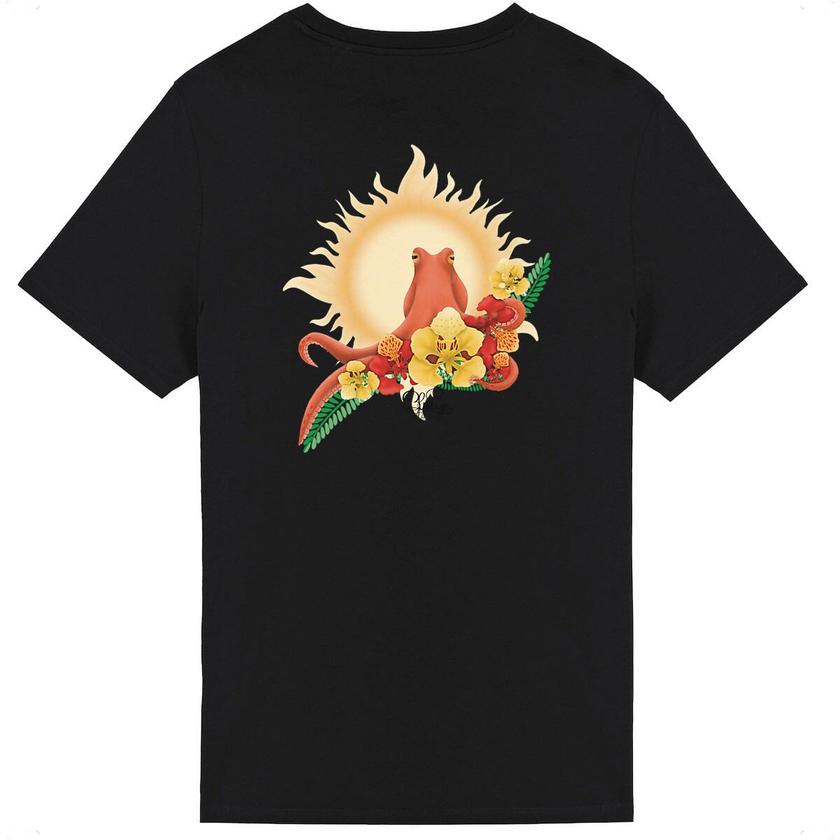 Image back T-shirt- savoir du poulpe, fleur de flamboyant rouge et jaune 