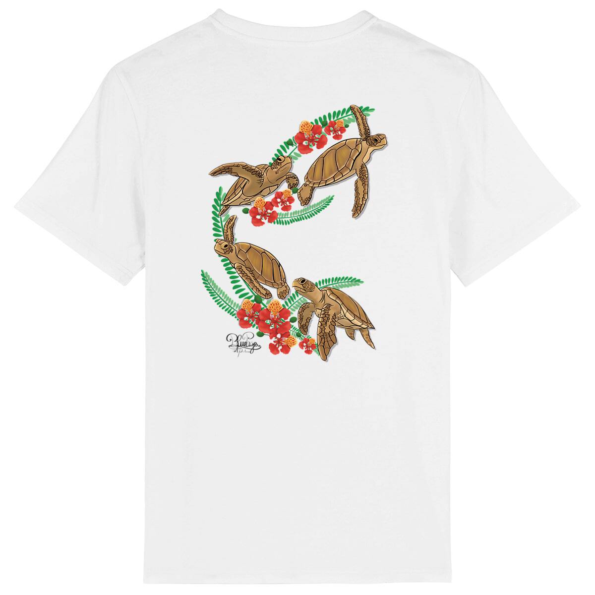 Image front T-shirt- tortue verte et fleur de flamboyant 