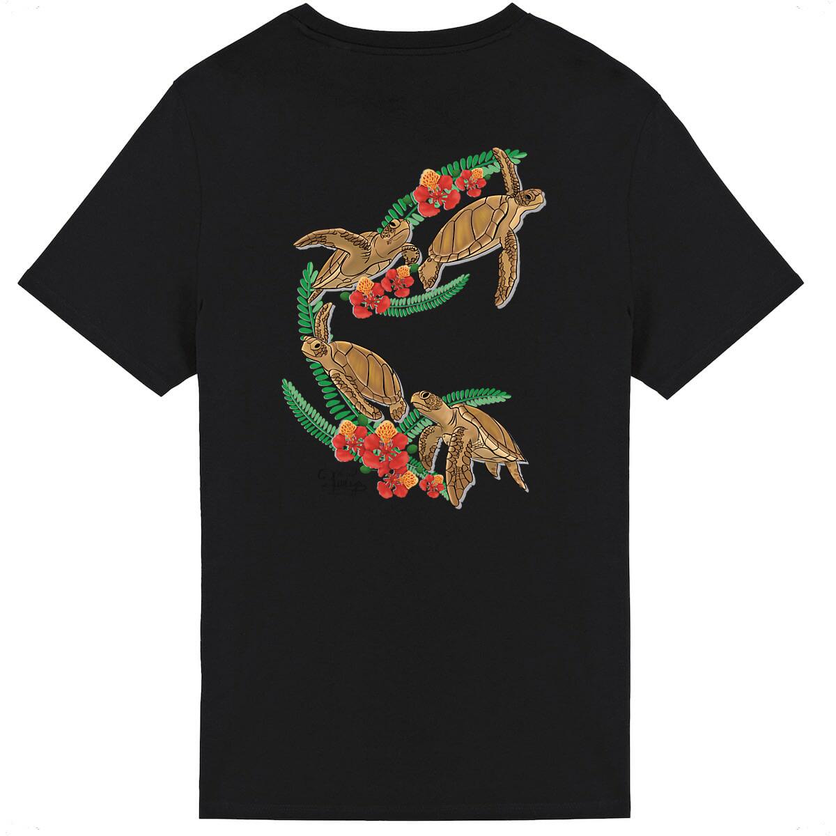 Image back T-shirt- tortue verte et fleur de flamboyant 
