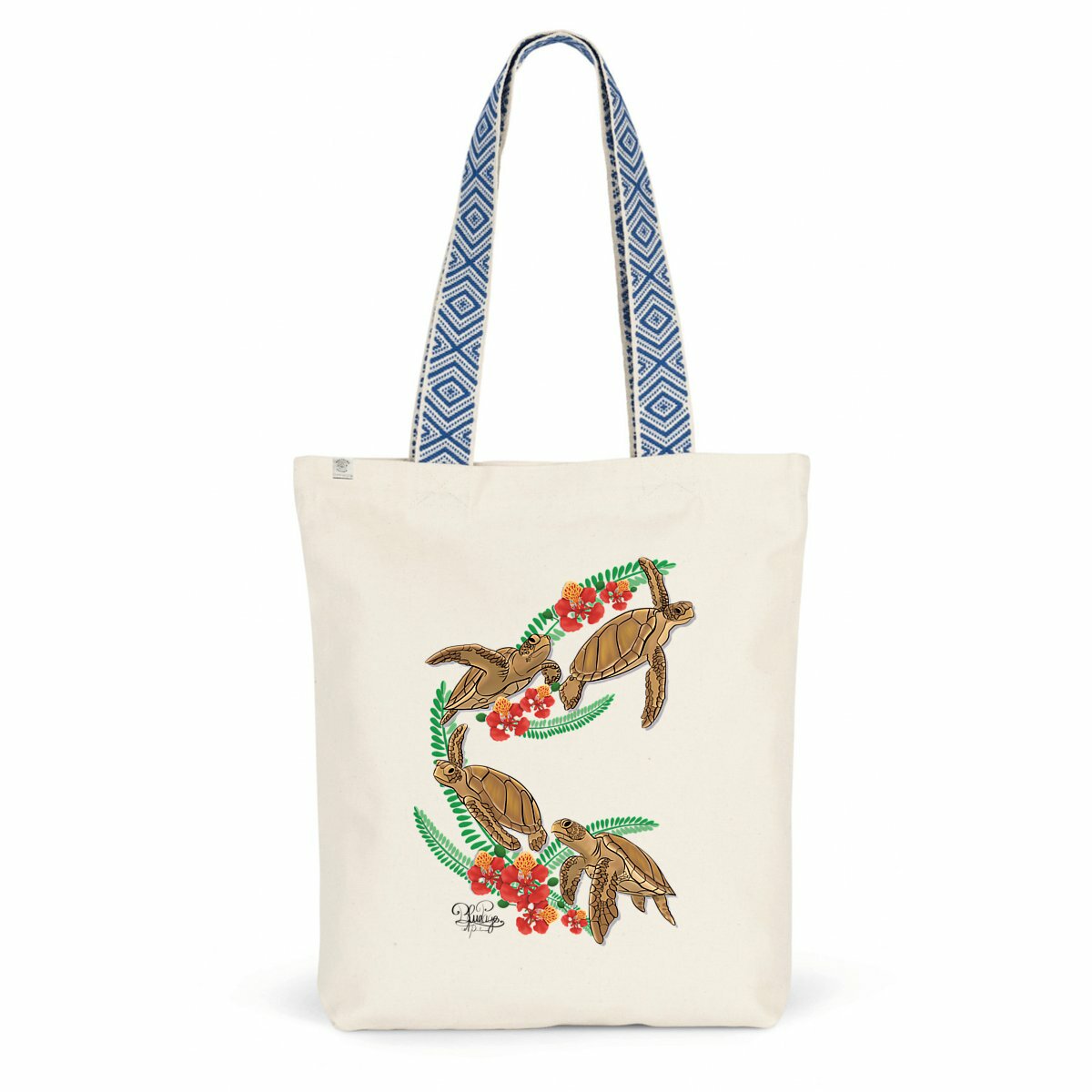 Image front Totebag ethnique - tortue verte et fleur de flamboyant 
