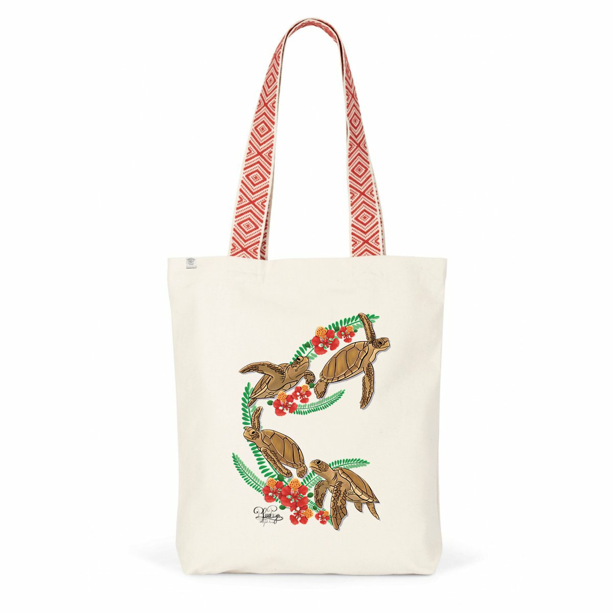 Image back Totebag ethnique - tortue verte et fleur de flamboyant 