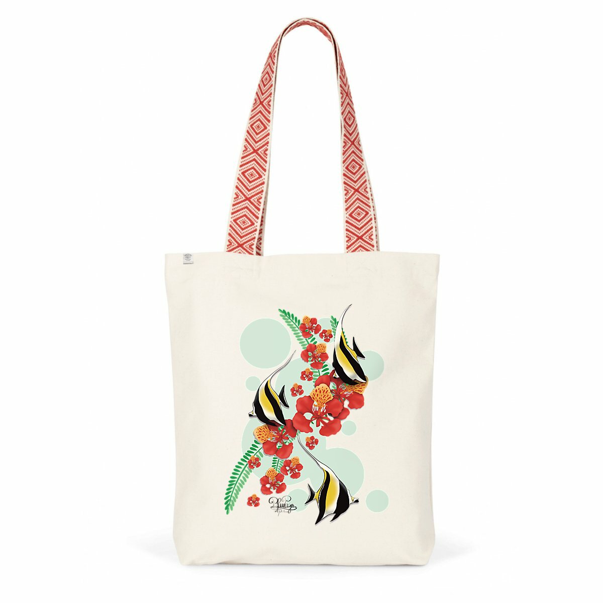 Image back Totebag ethnique - idole des maures et fleur de flamboyant