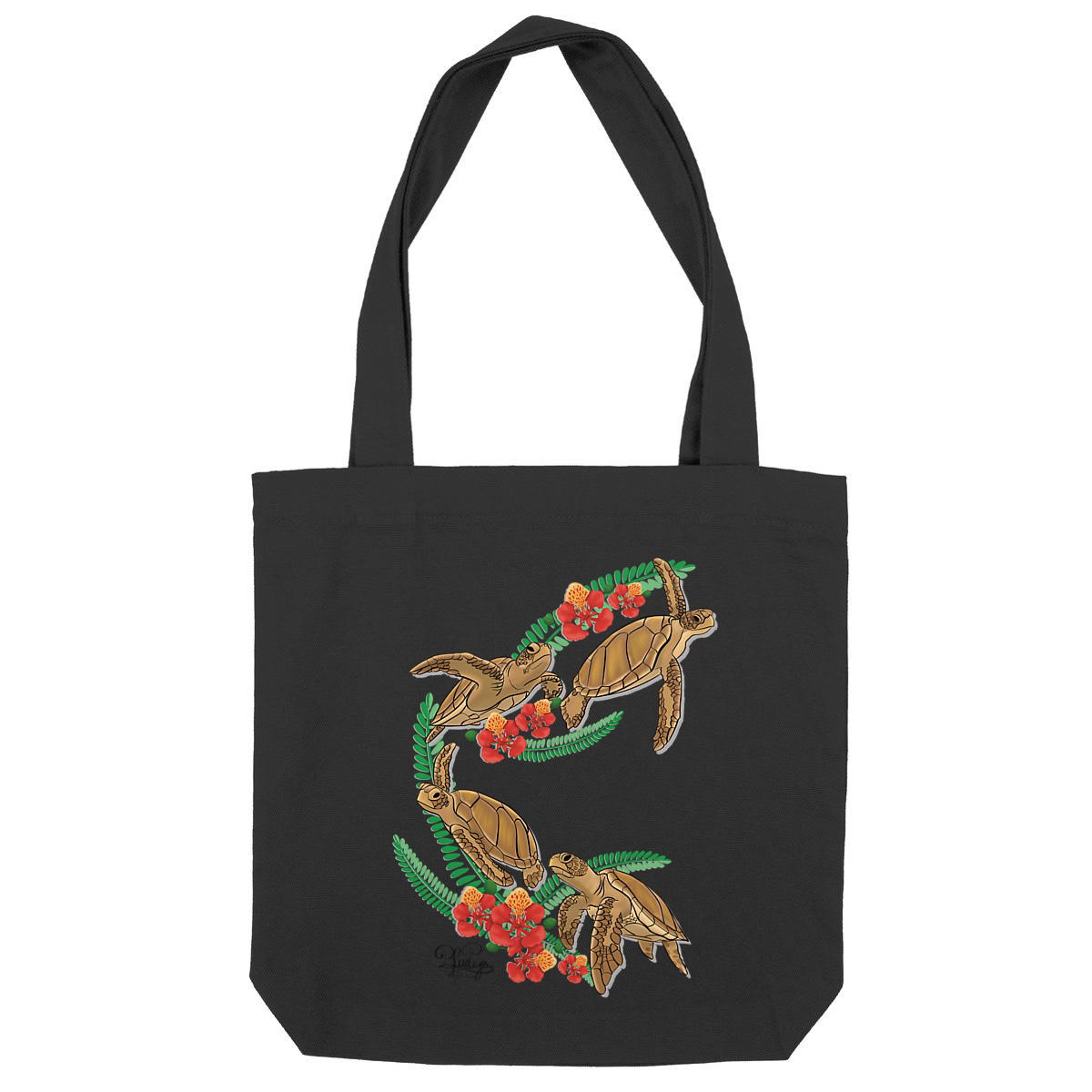 Image back Totebag épais - tortue verte et fleur de flamboyant 
