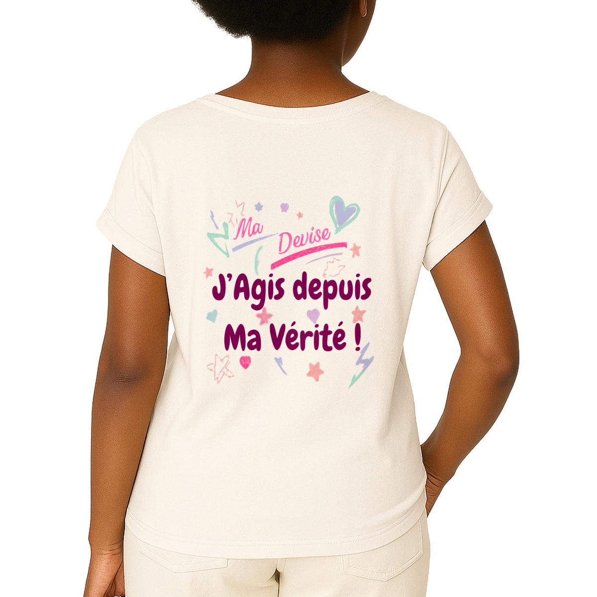 Image front T-shirt Femme Manches à Revers - Affichez votre Devise avec Style !