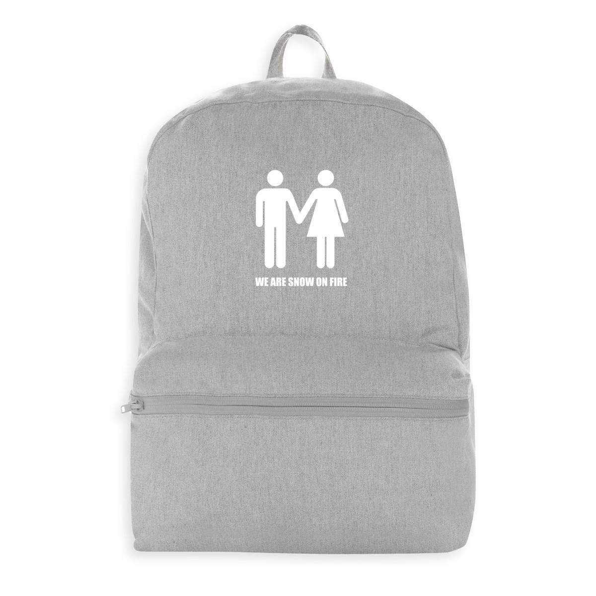 we are snow on fire holding hands backpack