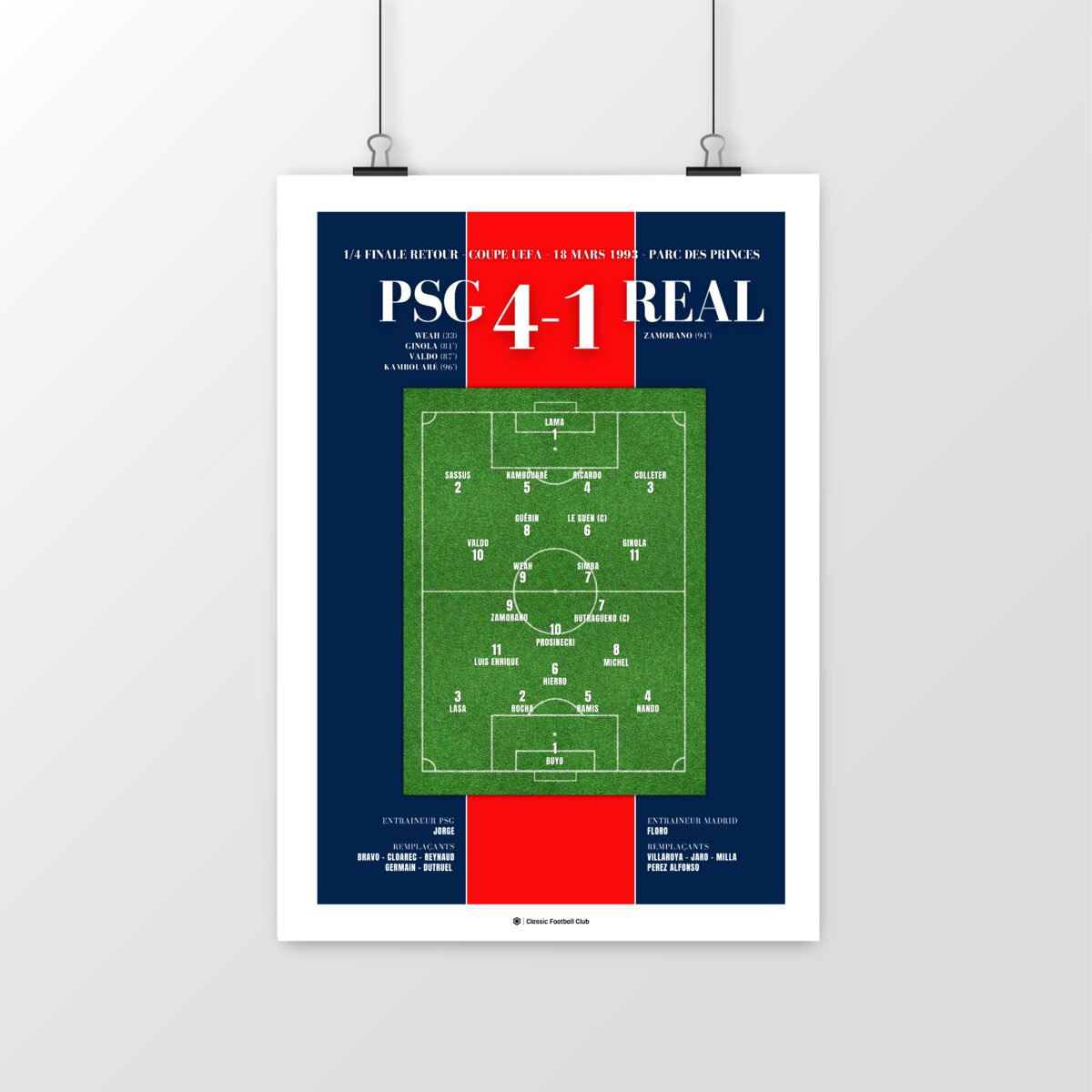 Image front Affiche souvenir match PSG vs Real Madrid 93 - Foot nostalgie