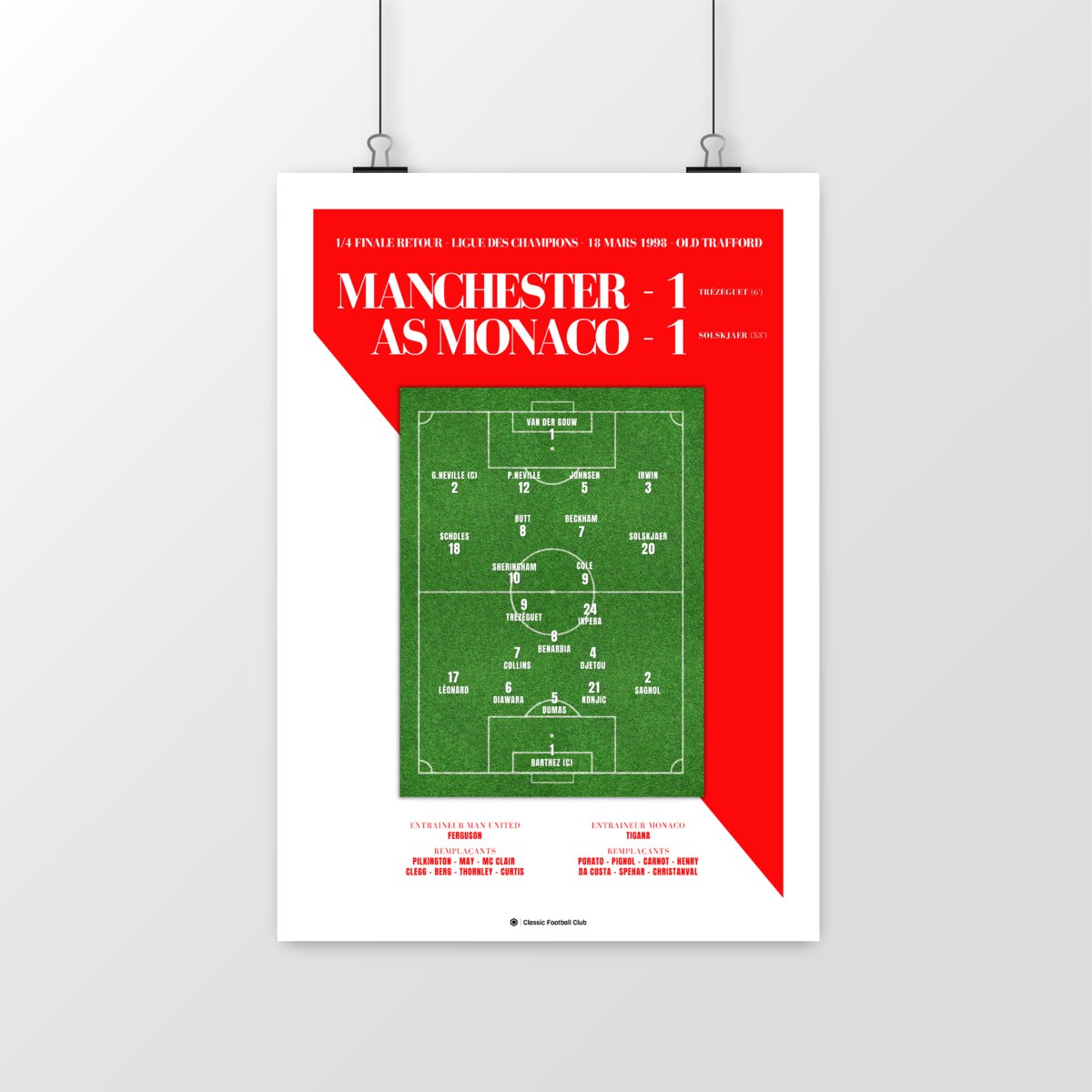 Image front Affiche souvenir match Monaco vs Manchester 98 - Foot nostalgie