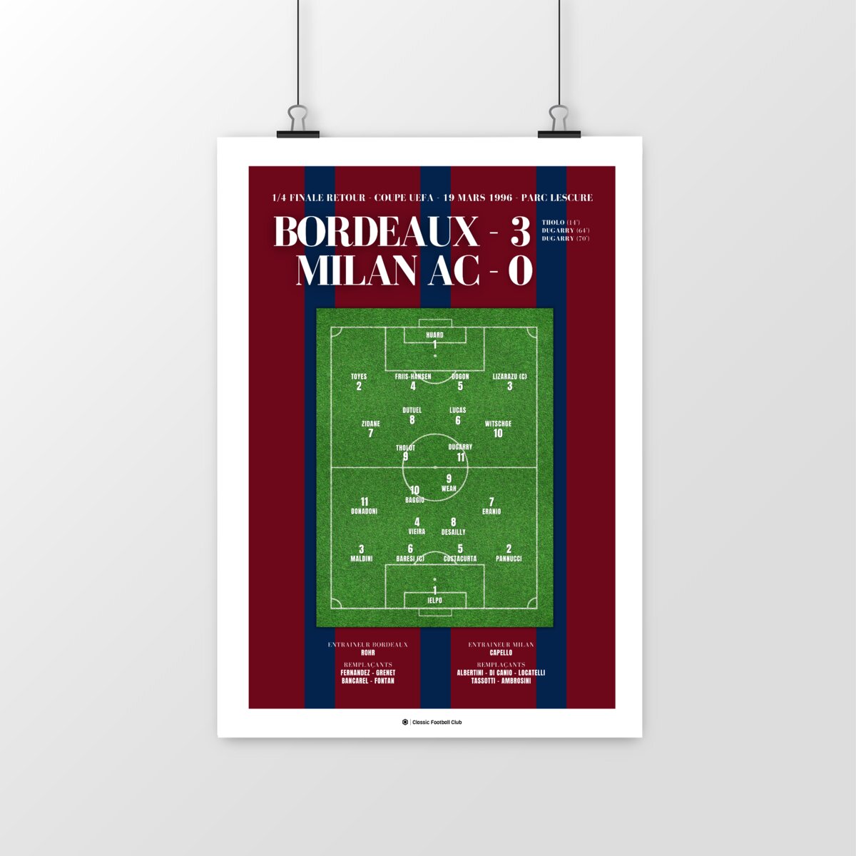 Image front Affiche souvenir match Bordeaux vs Milan AC 96 - Foot nostalgie