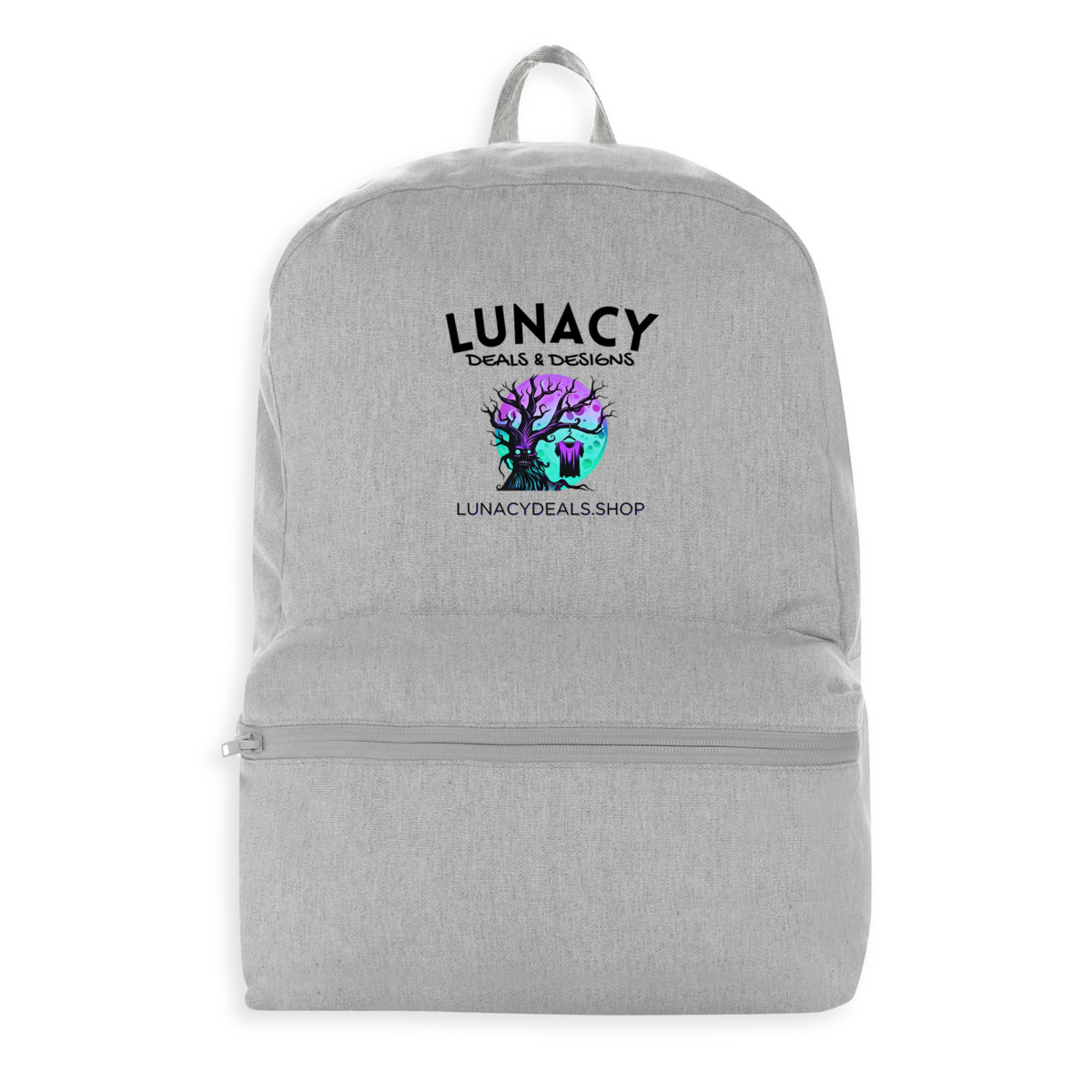 Image front 100% recycled backpack with Lunacy Deals and Designs