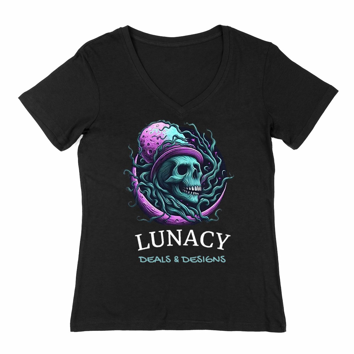 Image back Lunacy Deals & Designs Women's V-Neck T-Shirt - Dark