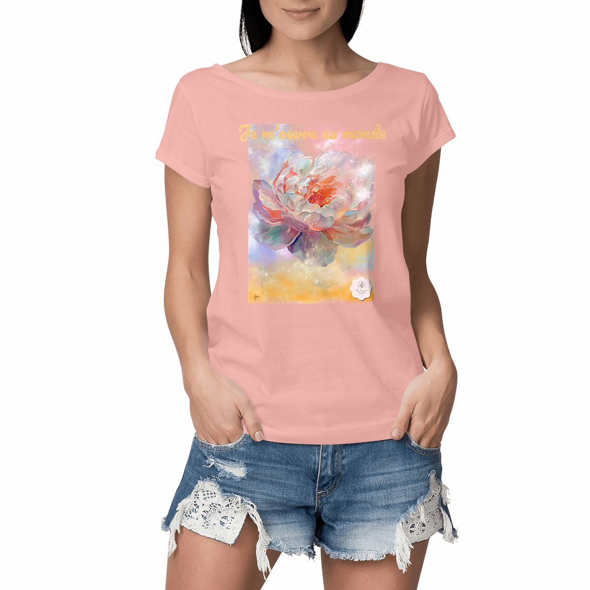 Image front T-shirt "Pivoine" blanc ou rose