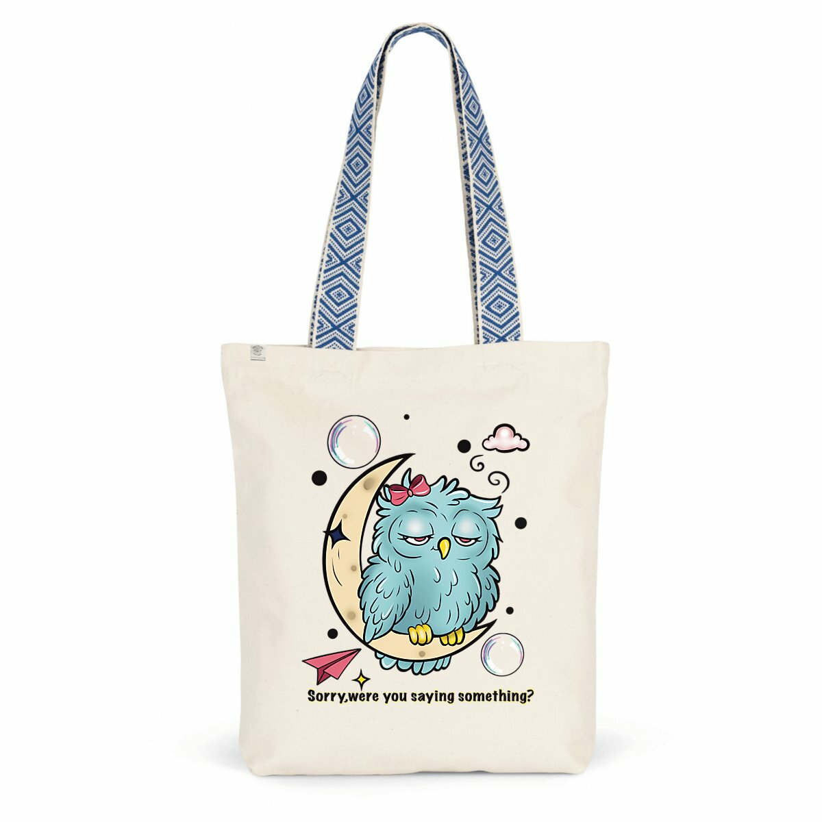 Image front Sorry, Were You Saying Something?” Owl ADD Tote Bag – Ethnic Design – Recycled Cotton & Po