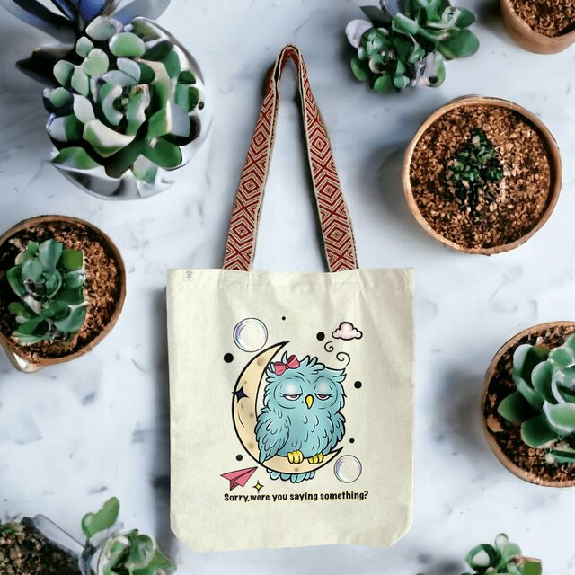 Image front Sorry, Were You Saying Something?” Owl ADD Tote Bag – Ethnic Design – Recycled Cotton & Po