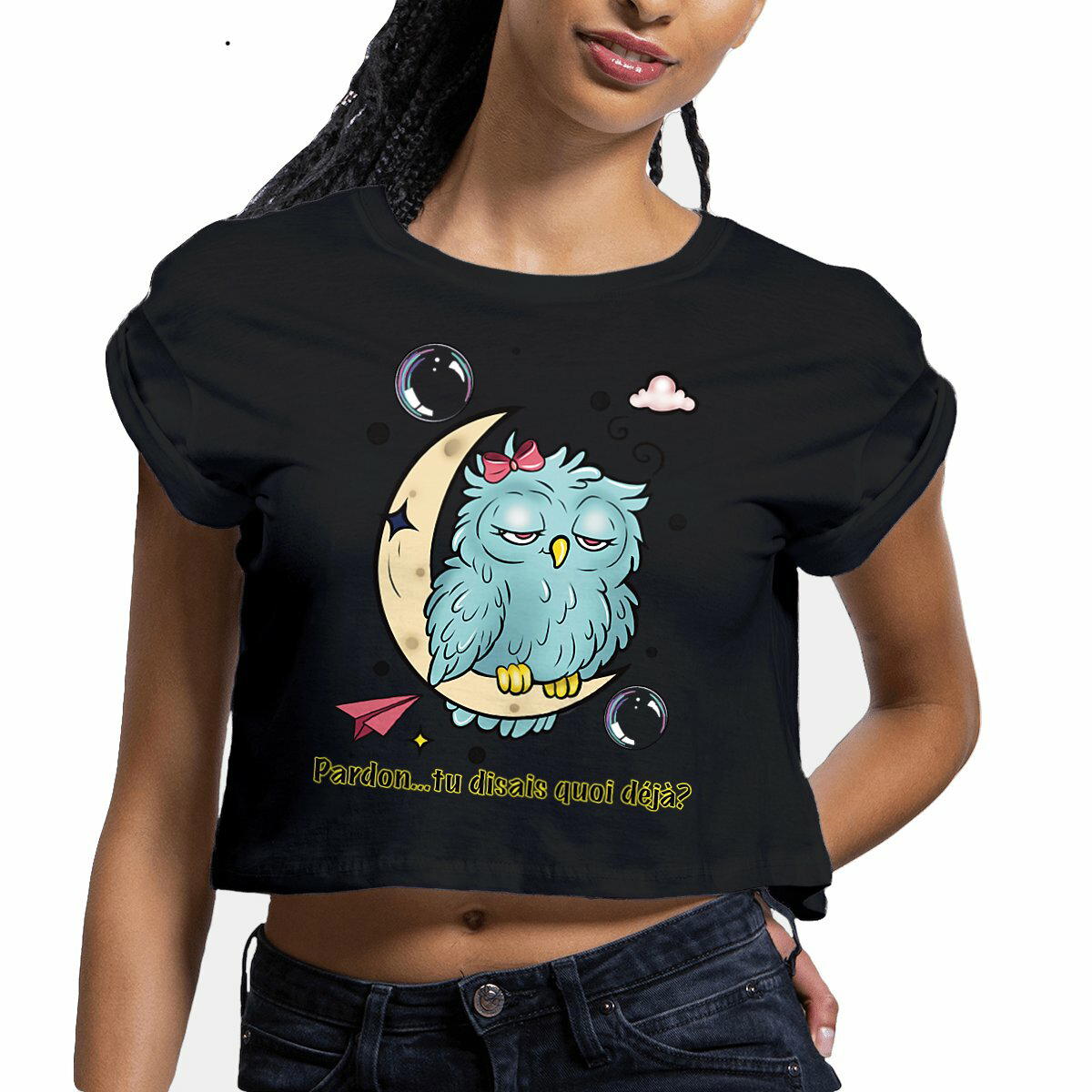 Image front Crop top hibou femme -Pardon,tu disais quoi déjà?-T-shirt léger en coton