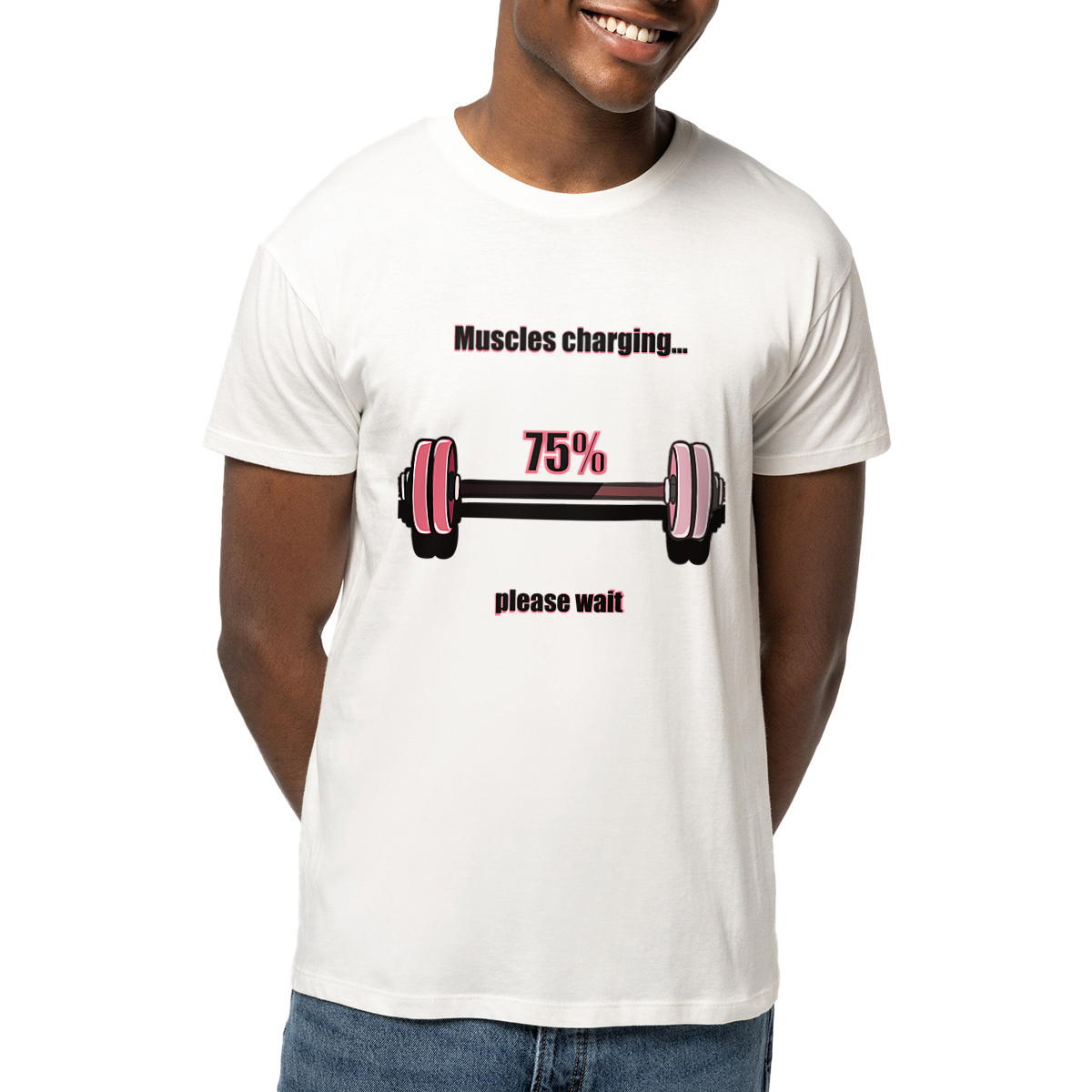 Image front Muscles Charging… Please Wait” Funny Gym T-Shirt – Organic Cotton Unisex Tee XS–3XL