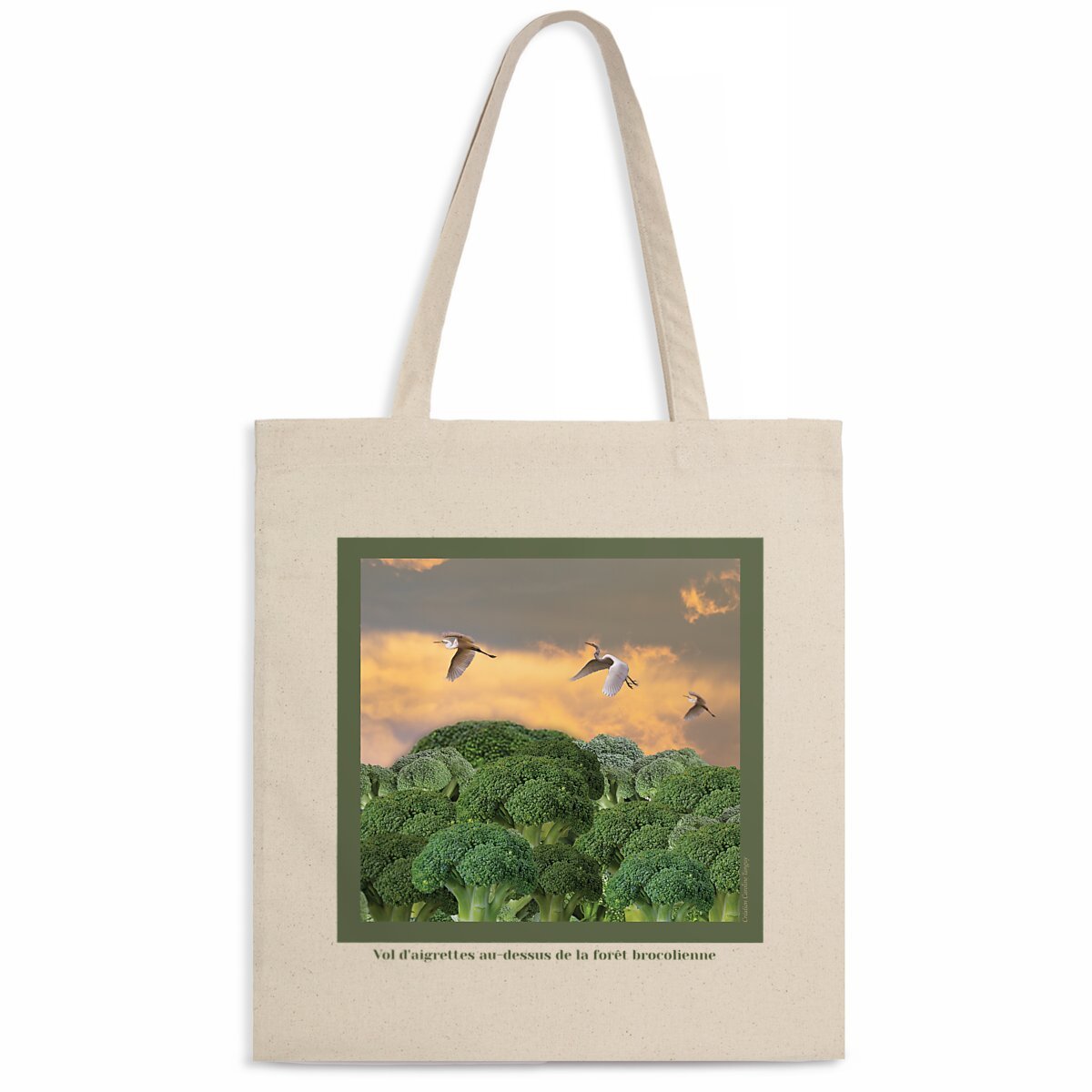 Image back Tote Bag léger "Vol d'aigrettes au-dessus de la forêt brocolienne"