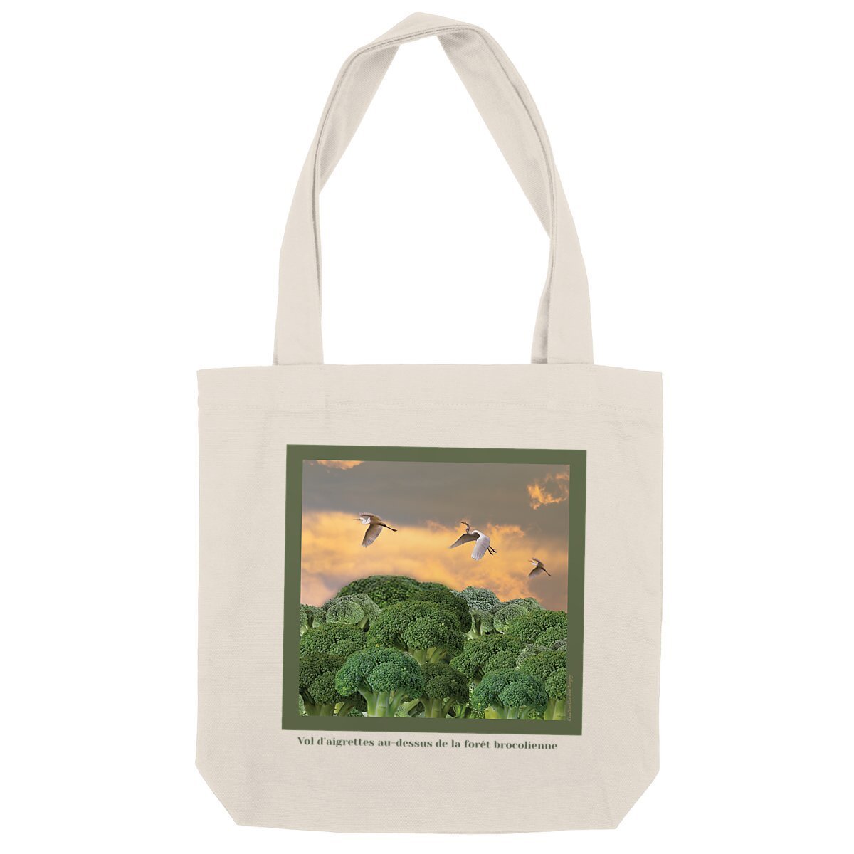 Image back Tote Bag épais "Vol d'aigrettes au-dessus de la forêt brocolienne"