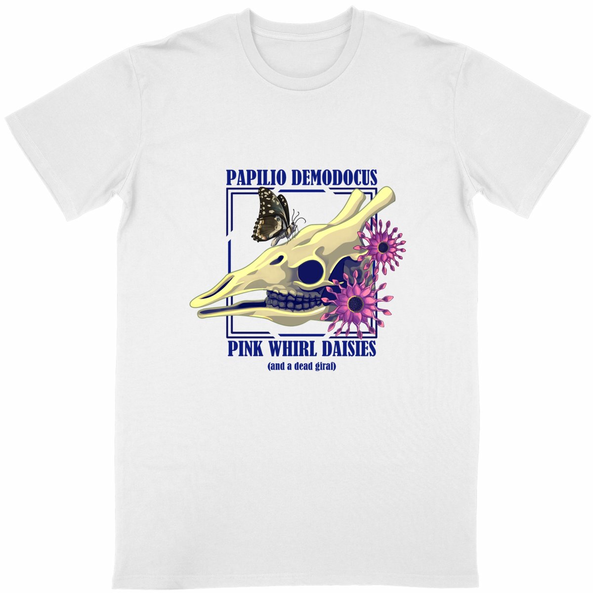 Image back Papilio Democus Pink Whirl daisies and a dead giraf