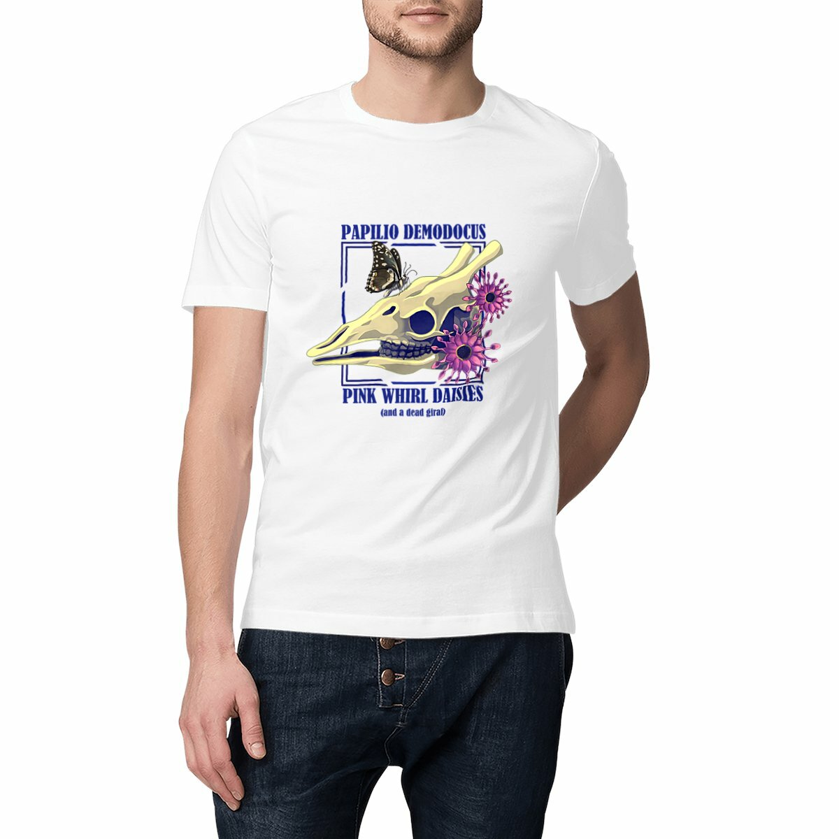 Image front Papilio Democus Pink Whirl daisies and a dead giraf