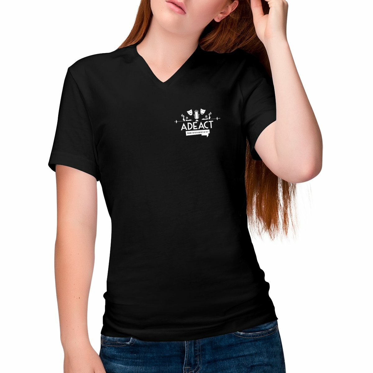Image front ADEACT – T-shirt femme col V – Logo coeur