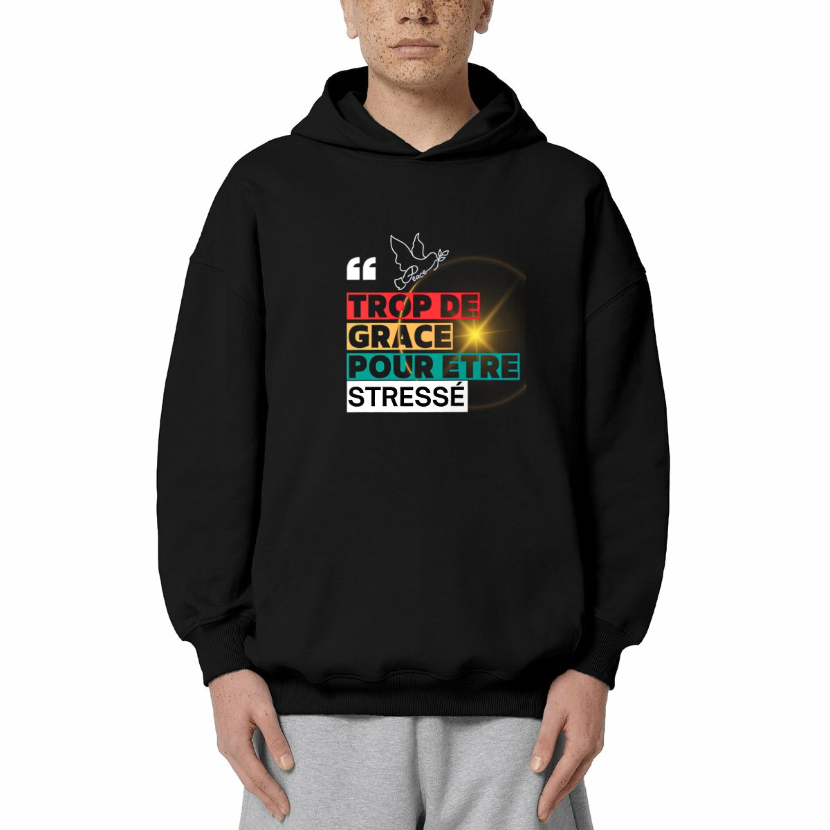 Homme Sweat chrétien à capuche Oversized Trop de grâce pour être stressé