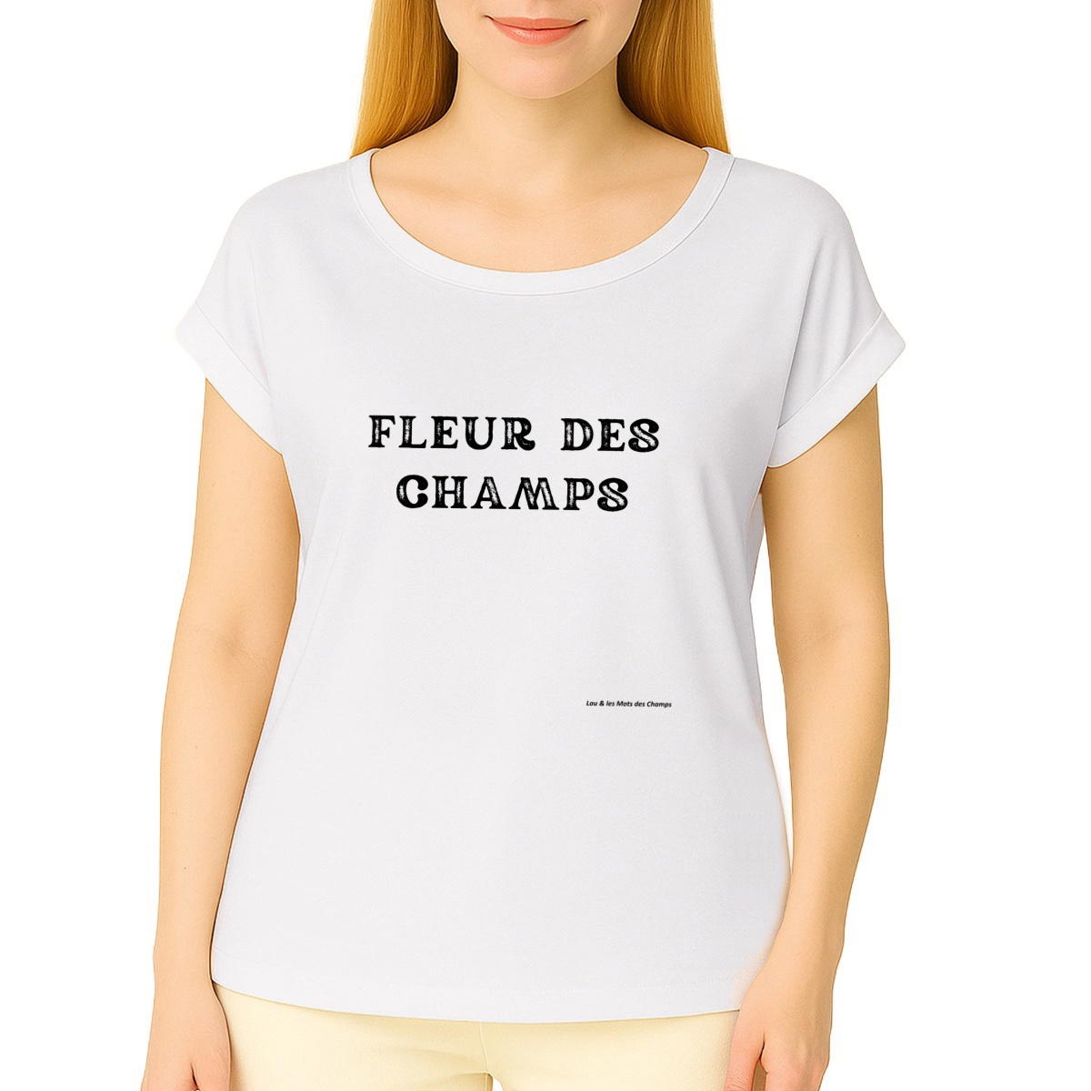 Image front T-shirt femme biologique manches à revers fleur des champs