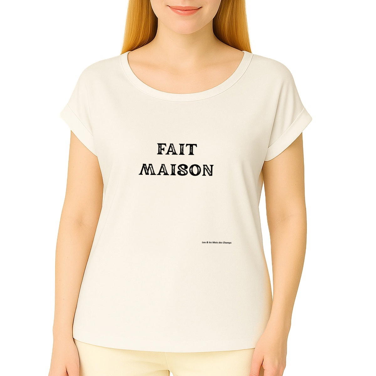 Image front T-shirt femme biologique manches à revers fait maison