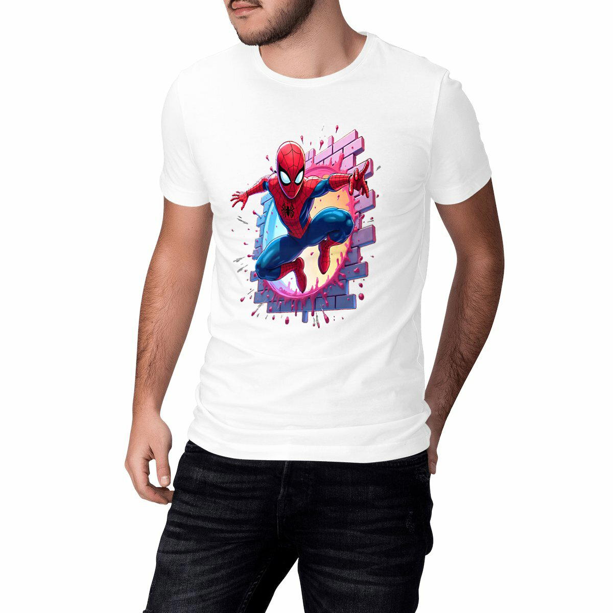 Image front Unisex Classic T-shirt Featuring Jumping web Man Design