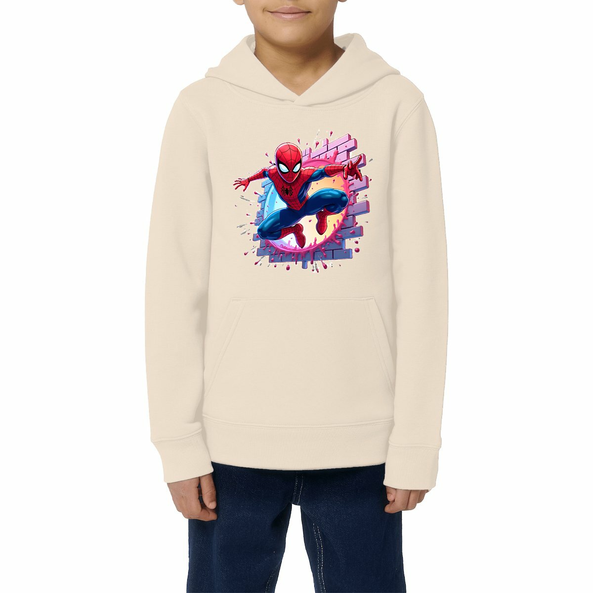 Image front Kids Hoodie with a Web man, creative design for super powerful kids
