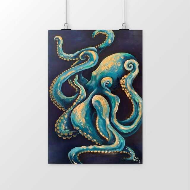 Image front Blue and Gold Octopus Art Print – Premium Marine Wildlife Wall Decor – Elegant Ocean-Inspi