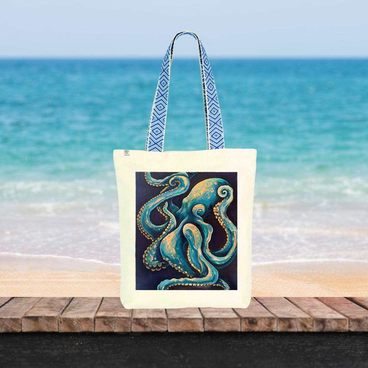 Image front Elegant Blue & Gold Octopus Tote Bag – Premium Artistic Eco Tote