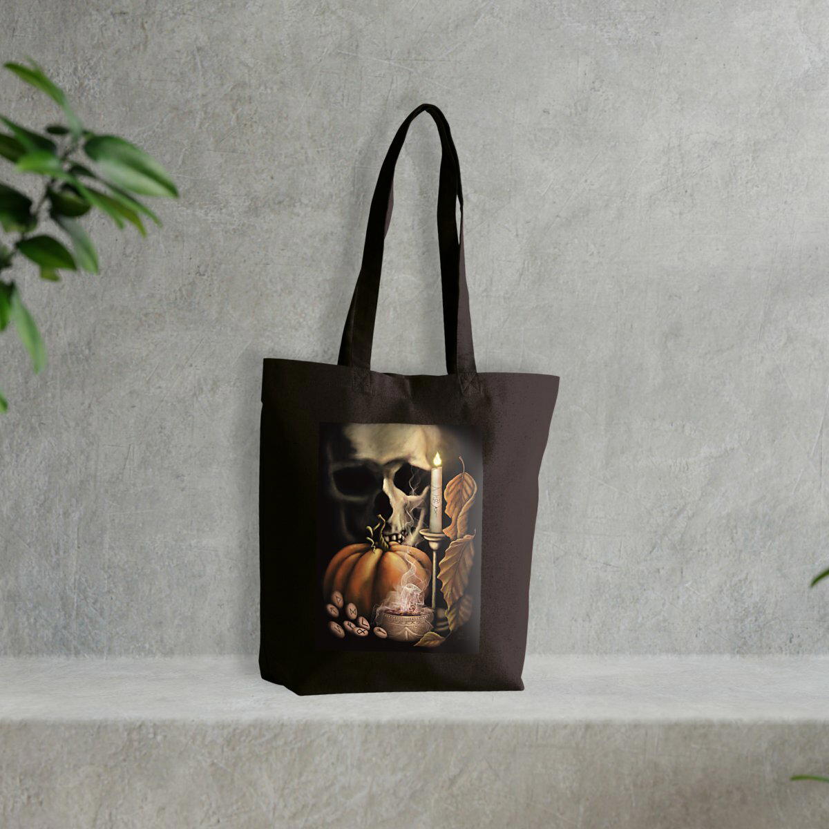 Image front Samhain Halloween Tote Bag – Skull, Candle & Pentagram | Eco-Friendly Heavyweight Tote