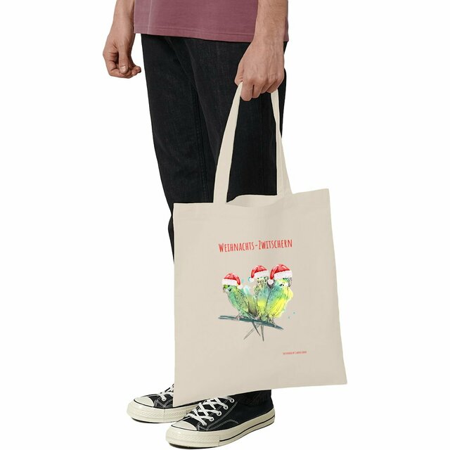 Image front SketchLoose Weihnachtsedition Baumwolltasche Wellensittiche "Weihnachts-Zwitschern"