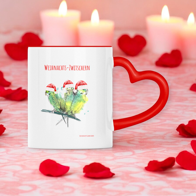 Image front SketchLoose Weihnachtsedition Herztasse Wellensittiche "Weihnachts-Zwitschern"