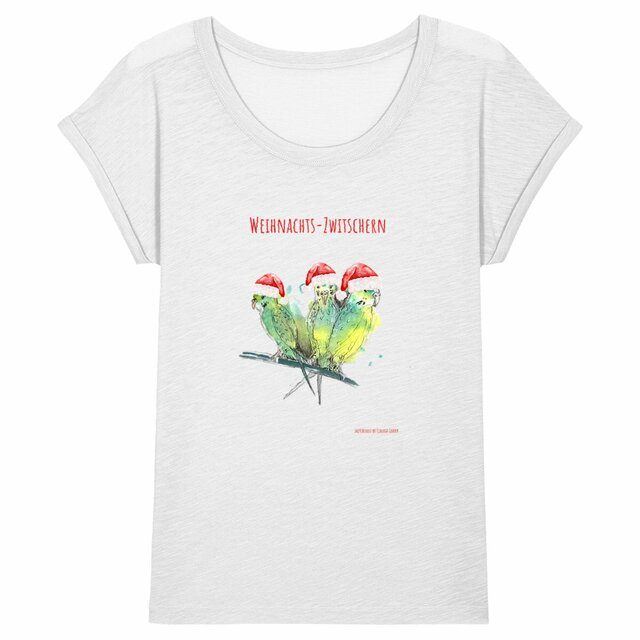 Image front Sketchloose Weihnachtsedition T-Shirt mit Seitenschlitz "Weihnachts-Zwitschern"