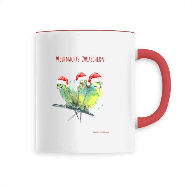 Image front SketchLoose Weihnachtsedition: Wellensittich-Tasse "Weihnachtszwitschern"
