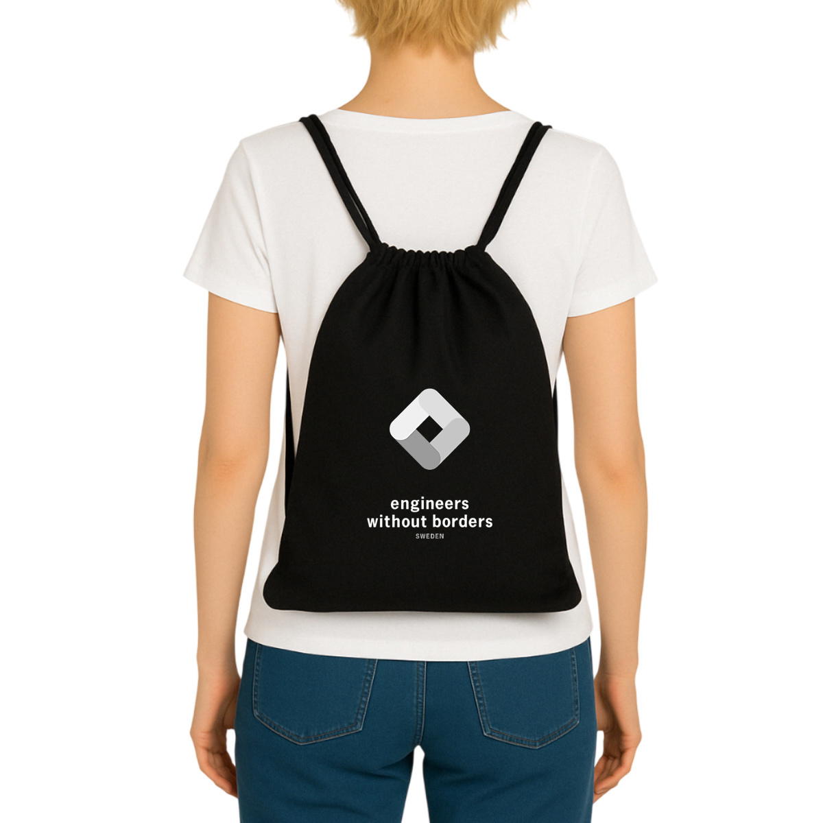 Image front EWB-SWE Recycled Drawstring Backpack in Black