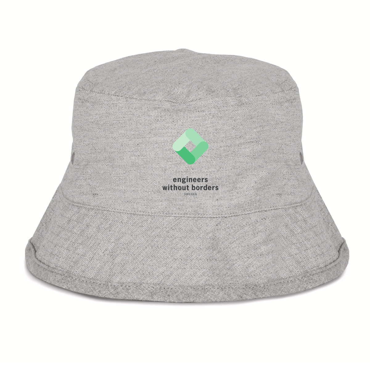 Image front Bucket hat in grey with EWB-SWE logo in black and green