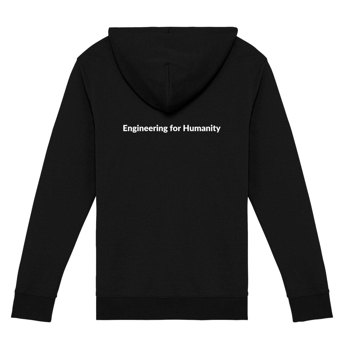 Zipped black hoodie w small EWB-SWE chest logo + "Engineering for Humanity" on back