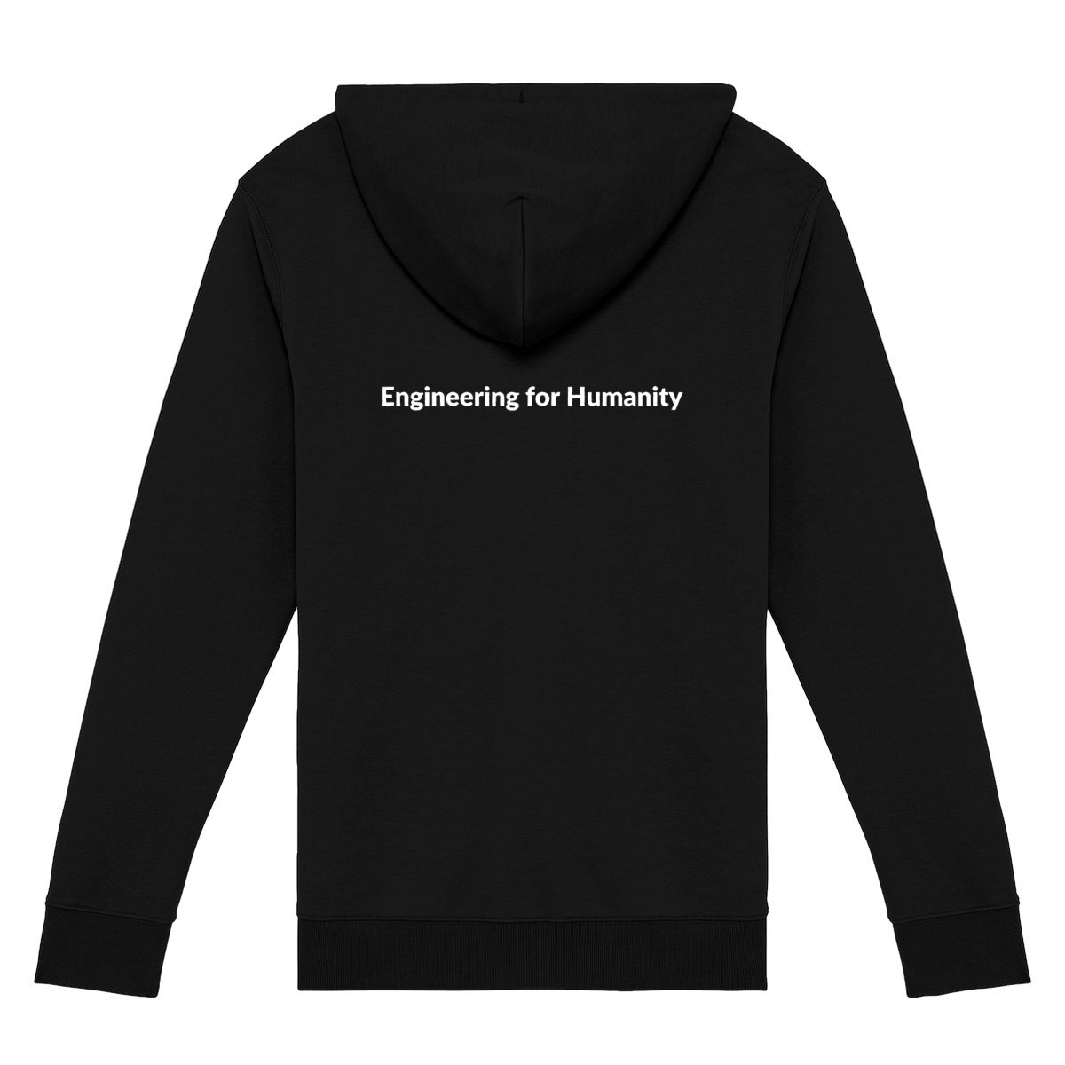 Image back Zipped black hoodie w small EWB-SWE chest logo + "Engineering for Humanity" on back