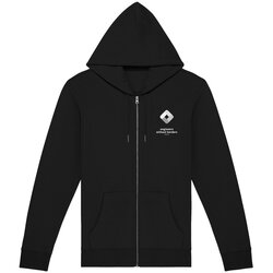 Zipped black hoodie w small EWB-SWE chest logo + "Engineering for Humanity" on back
