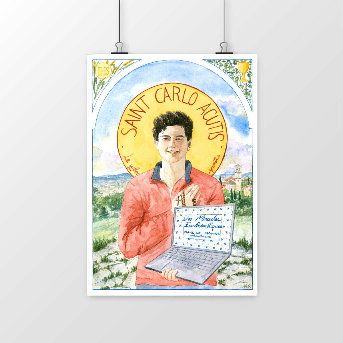 Image front impression d'aquarelle portrait de saint Carlo Acutis