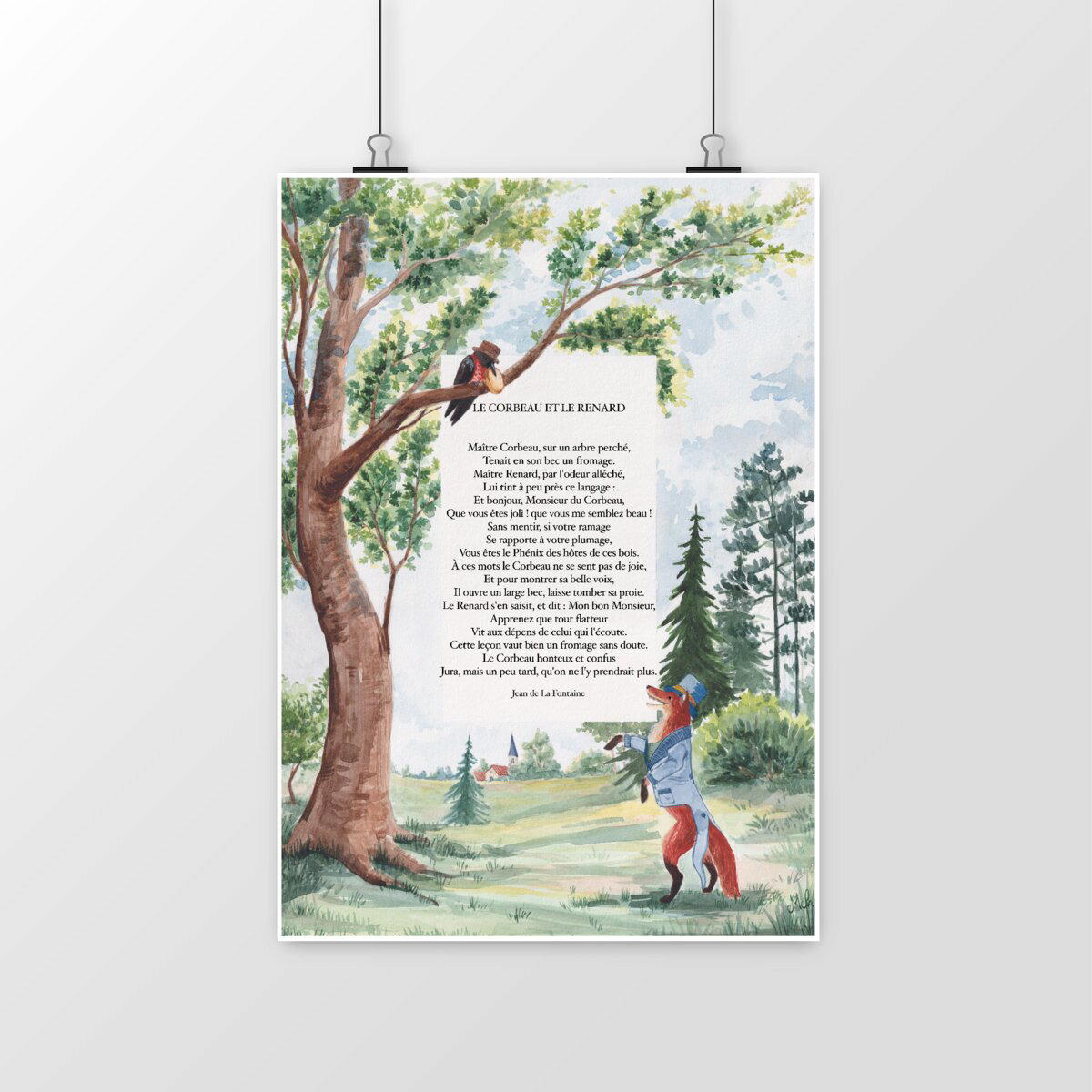Image front Impression d'aquarelle de la Fable Le Corbeau et le Renard