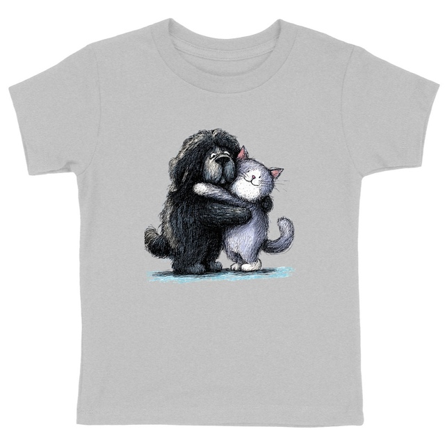 Image front T-shirt Enfant Confort Bio -"Câlin entre Amis Chien & Chat"